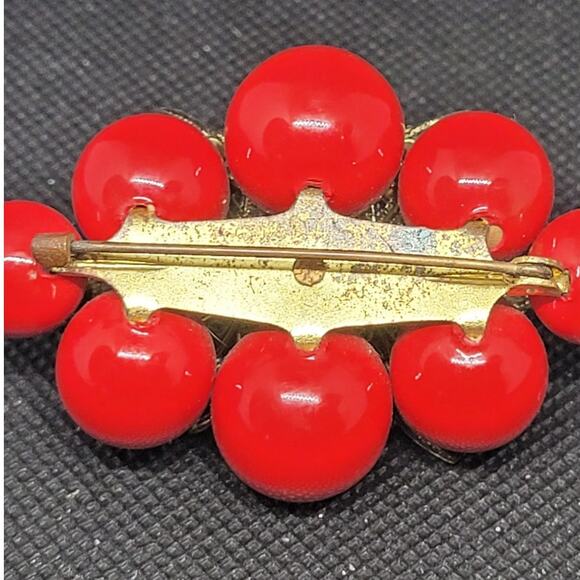 Glam Retro 1940s Cherry Rhinestone Plastic Brooch Statement Accessory - Picture 3 of 7